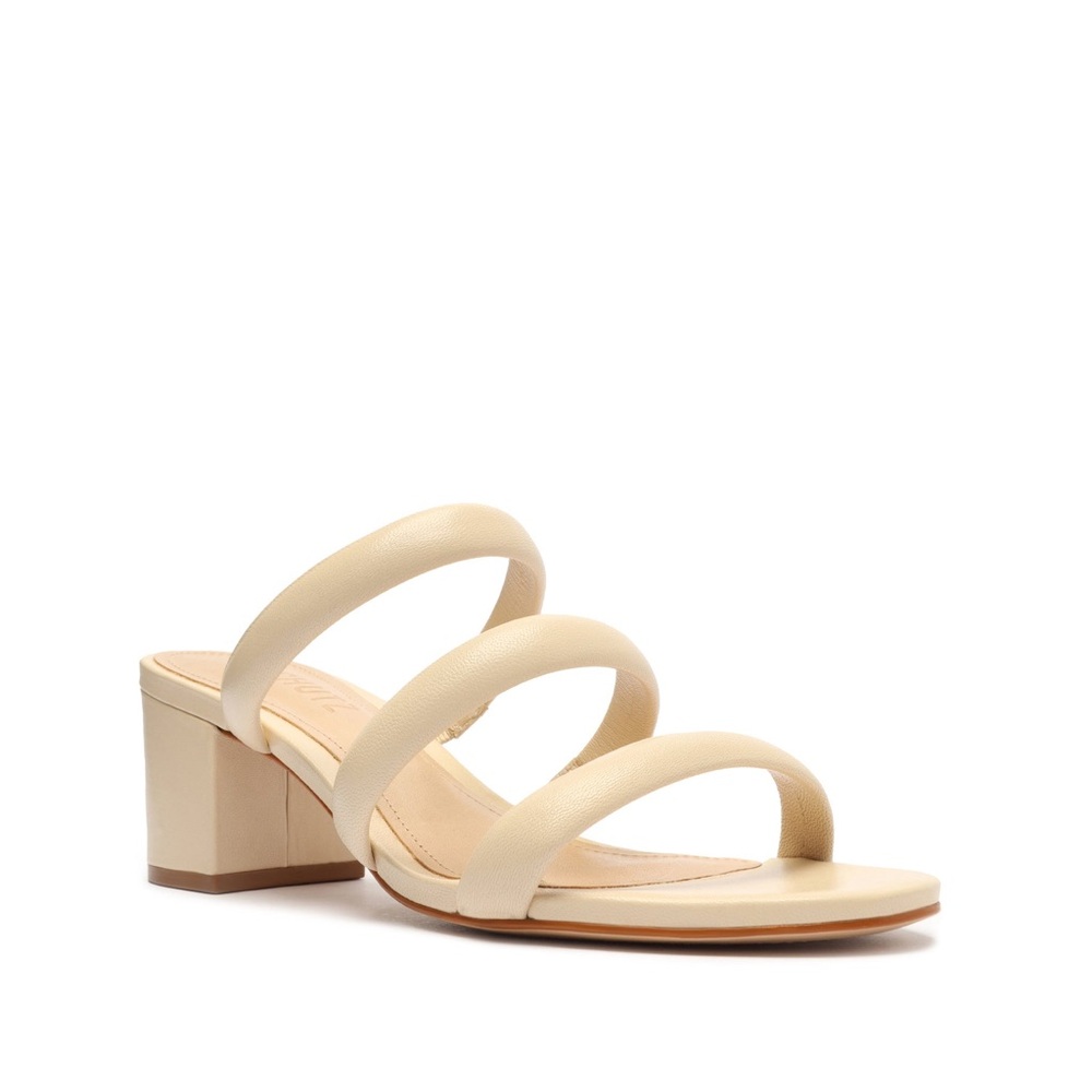 Schutz Olly Mid Block Nappa Leather Sandal in Eggshell. Size 7.5